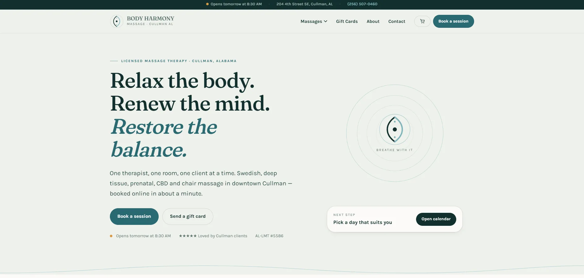 Redesigned website after — Body Harmony Massage (1/4)